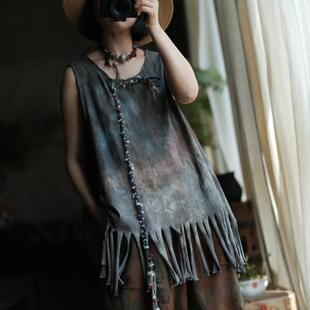 复古手工植物染棉料圆领流苏背心马夹坎肩2368