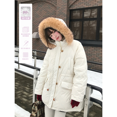罐头士多所加厚保暖连帽外套女收腰显瘦仿貉子毛大毛领羽绒派克服