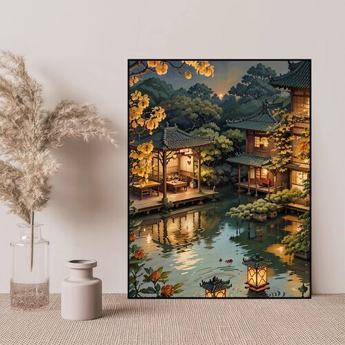 国风古韵建筑楼阁风景数字油画