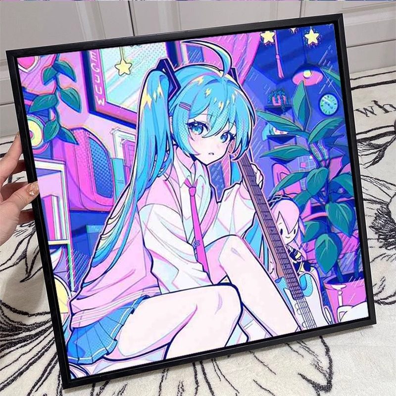 初音未来数字油画diy填充涂色儿童手工绘卡通动漫少女油彩装饰画