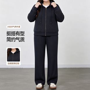大码女装气质运动连帽两件套时尚休闲外套长裤烫钻端庄大气套装