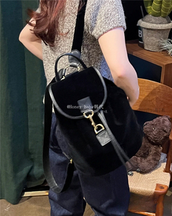 韩代潮牌thebarnnet八奶fever同款复古黑色天鹅丝绒双肩包女ins火