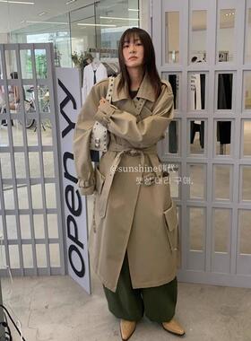 韩代潮牌open yy24气质英伦风宽松中长款黑色随性简约风衣 外套女