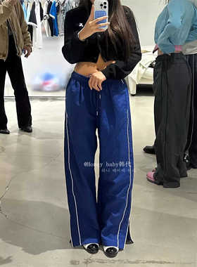 韩代潮牌 rest and recreation字母松紧腰抽绳复古撞色杠条直筒裤