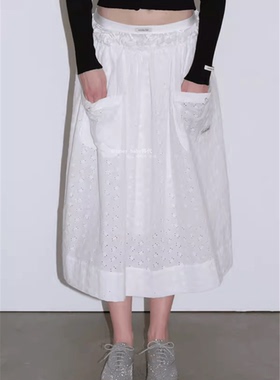 韩代潮牌 overdue flair白色镂空大口袋甜美少女荷叶边订珠半身裙
