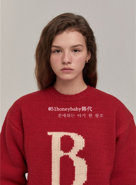韩代潮牌The Barnnet大红色B字母粗针毛衣章若楠同款圆领针织衫女