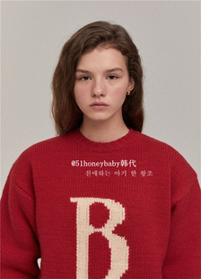 韩代潮牌The Barnnet大红色B字母粗针毛衣章若楠同款圆领针织衫女