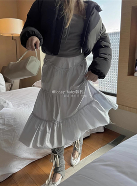 韩代潮牌GLOWNY花边中长款蛋糕裙超仙法式白色半身裙缎带衬衫套装