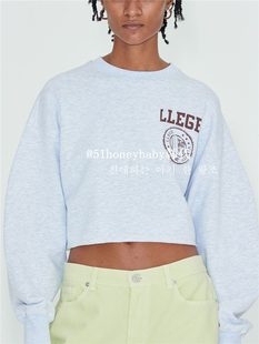 韩代潮牌RECTO圆领套头宽松短款卫衣张俪同款运动露腰学院风长袖