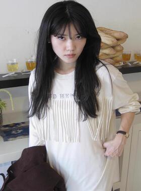 韩代潮牌MUSED24早秋新款时尚字母流苏设计运动机车圆领长袖T恤女