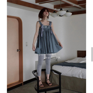 连衣裙 韩代潮牌freckle甜美格纹小羊刺绣背带蓬蓬裙女刺绣迷你
