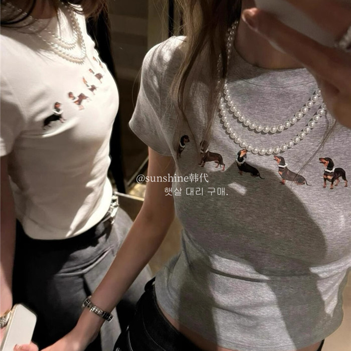 韩代潮牌Jennie金珍妮同款珍珠项链狗狗印花弹力短袖t恤上衣女