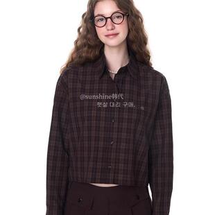 韩代潮牌GROVE24秋新款CHECK BILYN复古短款格子咖啡色叠穿衬衫女