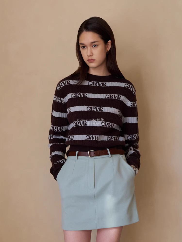 韩代潮牌GROVE章若楠同款立体粗针麻花针织复古拼色圆领套头毛衣