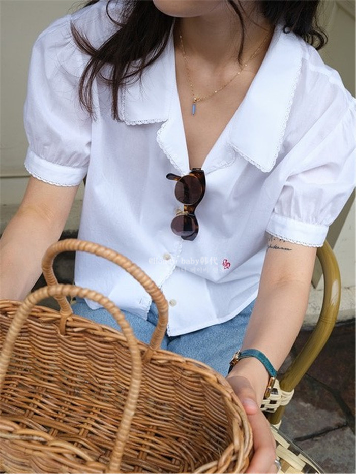 直邮正品复古翻领短袖白衬衫女