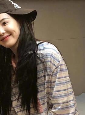 韩代潮牌minjiena章若楠同款棉100%条纹polo领落肩长袖上衣t恤