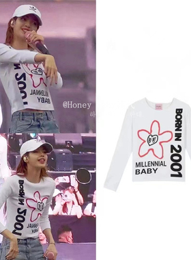 韩代潮牌ITZAVIBE花朵字母印花LISA同款短款弹力修身春秋长袖T恤