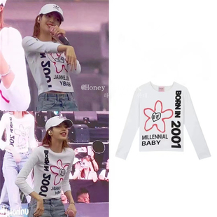 韩代潮牌ITZAVIBE花朵字母印花LISA同款短款弹力修身春秋长袖T恤