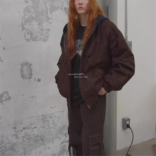 正品复古美式咖色连帽棉服夹克