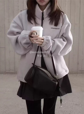 韩代潮牌smoothmood简约宽松字母刺绣立领摇粒绒外套拉链卫衣