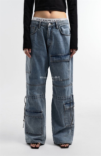 韩代潮牌leey田小娟江崎光Lisa同款显瘦个性口袋系带工装裤牛仔裤