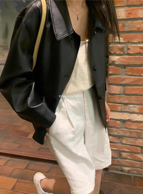 韩代潮牌modest mood简约复古宽松翻领皮夹克皮衣黑色 休闲外套女