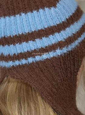韩代潮牌LARTIGENT复古风条纹护耳系带保暖显脸小针织帽男女同款