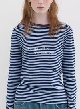 韩代潮牌ENZOBLUES学院风拼色细条纹圆领打底衫休闲长袖T恤女