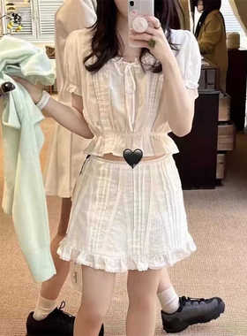 韩代潮牌the barnnet八奶短袖衬衫女蕾丝边系带短上衣半身裙套装