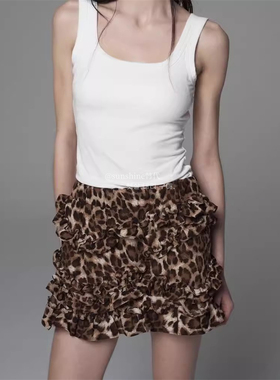 韩代潮牌Settle for moon设计师品牌美式辣妹荷叶边豹纹半裙短裙