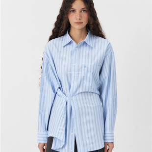 韩代潮牌GROVE蓝色条纹春夏车静媛同款防晒宽松简约不规则衬衫女