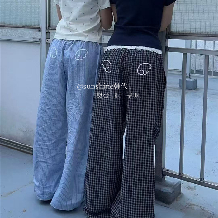 正品慵懒感休闲拼接格子微喇长裤