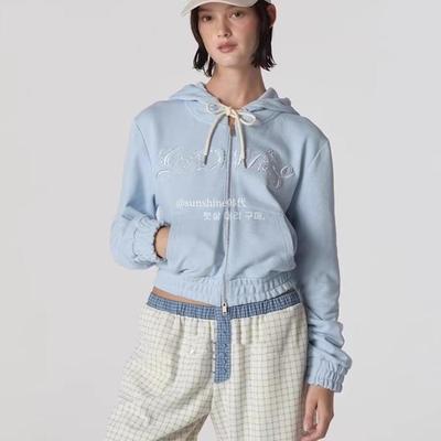 正品刺绣双拉链短款连帽卫衣外套