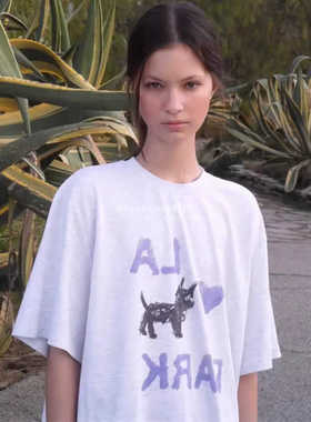 韩代潮牌lowclassic李智恩IU棉100%金智妮涂鸦小狗爱心T恤 短袖