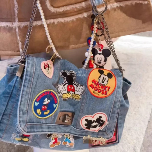 正品米奇徽章牛仔珍珠链条单肩包