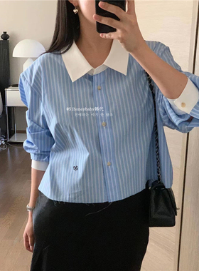 韩代潮牌modest mood蓝色竖条纹领口拼色衬衫女式短款防晒宽松