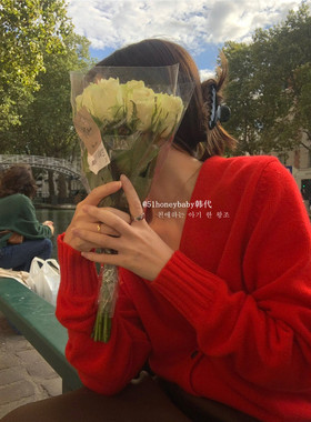 韩代潮牌LEROBE马尼亚羊毛羊绒外套V领毛衣针织衫气质红色开衫ins