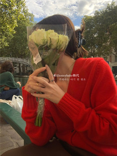 韩代潮牌LEROBE马尼亚羊毛羊绒外套V领毛衣针织衫气质红色开衫ins