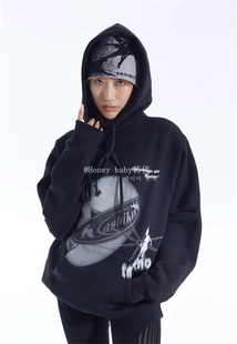 韩代潮牌kashiko爱心连帽卫衣newjeans姜海粼同款辣妹套头黑上衣