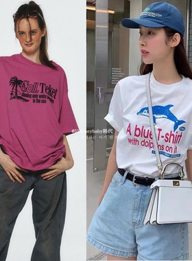 韩代潮牌teket男女款字母海豚椰树北极熊印花短袖T恤情侣装学院风