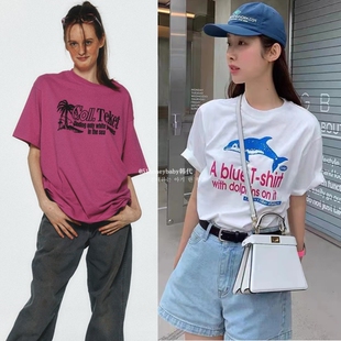 韩代潮牌teket男女款字母海豚椰树北极熊印花短袖T恤情侣装学院风