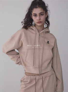 韩代潮牌 rest and recreation灰色连帽短款加绒卫衣阔腿卫裤套装