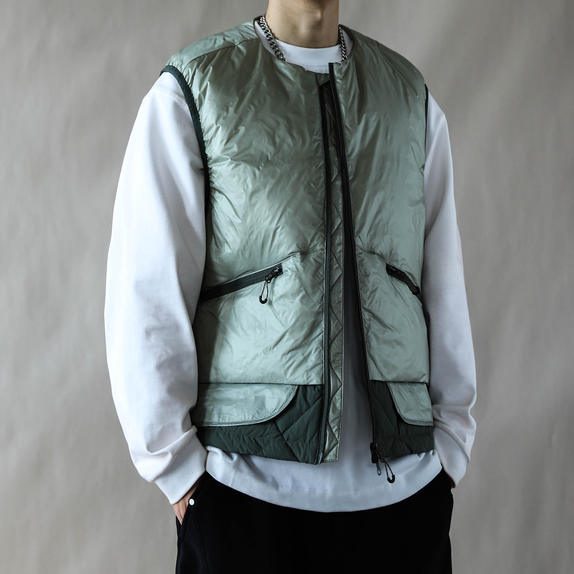 潮流工装口袋羽绒马甲男冬季保暖白鸭绒立领拉链背心无袖加厚青绿