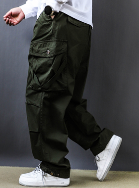 军绿美式复古水洗大口袋工装裤春秋纯棉潮牌宽松直筒中腰长裤2025