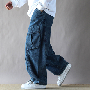美式复古重磅牛仔裤男春秋宽松休闲2025新款直筒阔腿裤工装裤蓝色