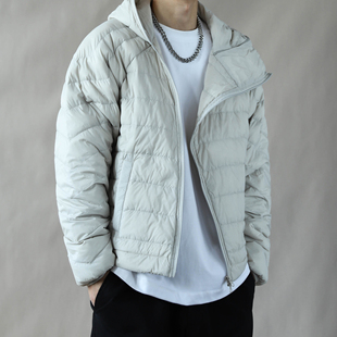 90白鸭绒排骨羽绒服男短款连帽橙色加厚保暖外套宽松冬季新款浅灰