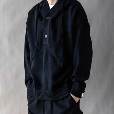 美式复古重磅连帽毛衣男秋冬宽松休闲2025新款长袖针织衫外套黑色