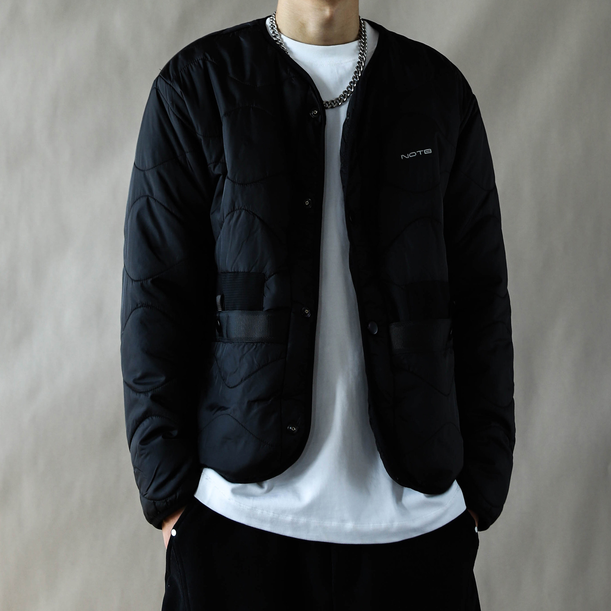 2025冬季新款无领棉衣男宽松保暖大口袋黑色棉服外套潮道袍潮牌