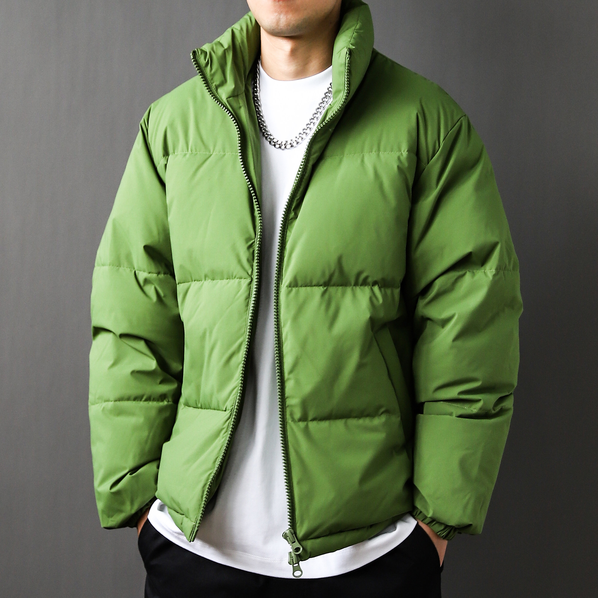 90白鸭绒防水2024秋冬美式立领防寒纯色加厚宽松羽绒服外套男绿色