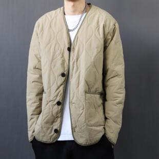 日系轻薄菱形棉衣男秋冬季 棉袄上衣 加厚无领棉服外套道袍潮牌工装